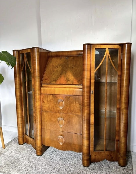 Art deco glass display walnut bureau – A rare vintage treasure