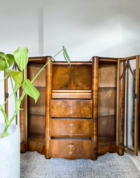 Art deco glass display walnut bureau – A rare vintage treasure