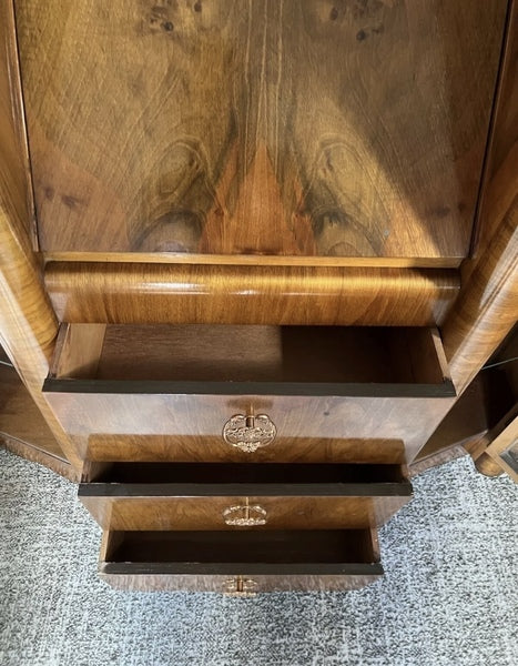 Art deco glass display walnut bureau – A rare vintage treasure
