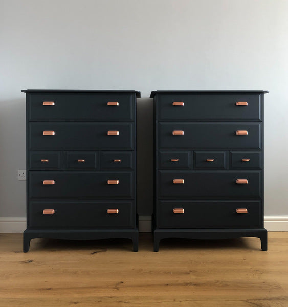 A pair of stag minstrel tallboy chest of drawers painted blue with copper handles – A rare vintage treasure