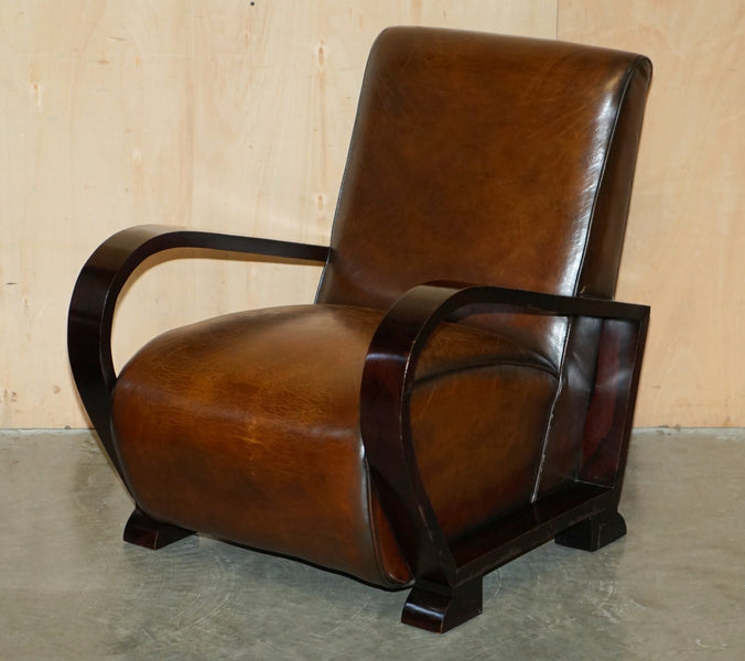 Fine & unique pair of art deco fully restored cigar brown leather club armchairs – A rare vintage treasure