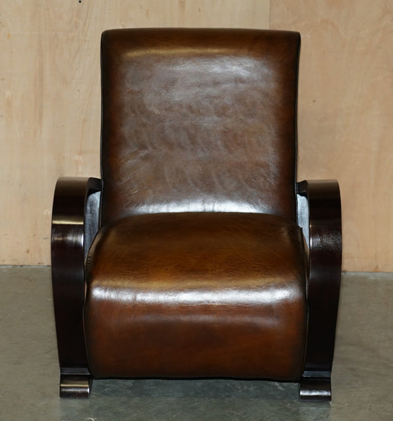 Fine & unique pair of art deco fully restored cigar brown leather club armchairs – A rare vintage treasure