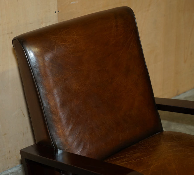 Fine & unique pair of art deco fully restored cigar brown leather club armchairs – A rare vintage treasure