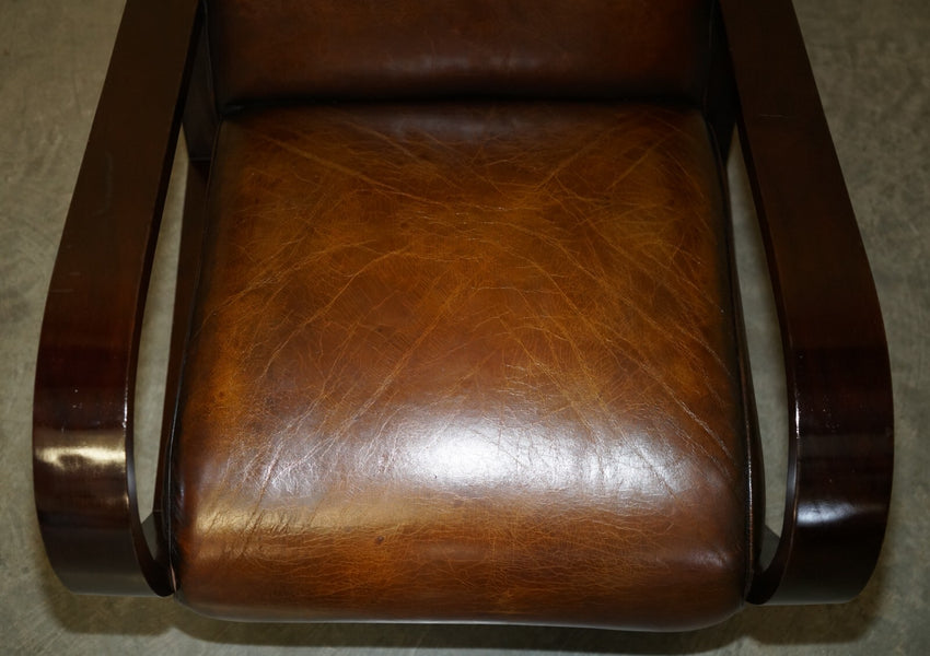 Fine & unique pair of art deco fully restored cigar brown leather club armchairs – A rare vintage treasure