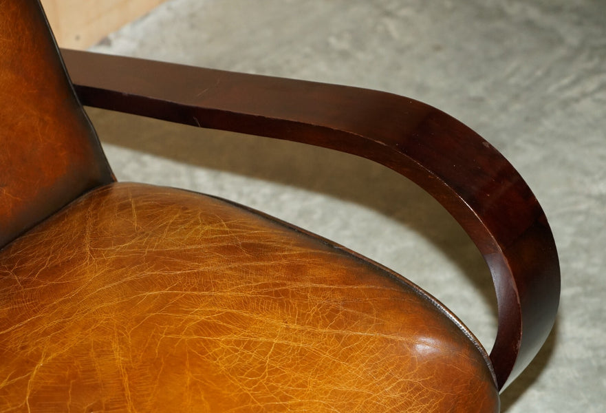 Fine & unique pair of art deco fully restored cigar brown leather club armchairs – A rare vintage treasure