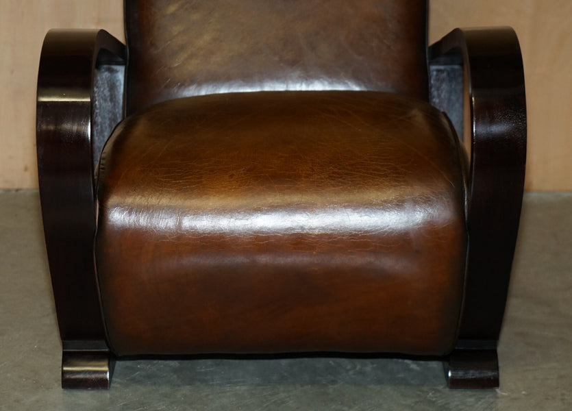 Fine & unique pair of art deco fully restored cigar brown leather club armchairs – A rare vintage treasure