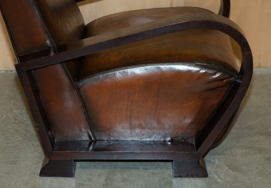 Fine & unique pair of art deco fully restored cigar brown leather club armchairs – A rare vintage treasure