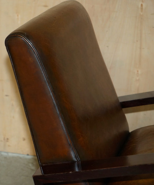 Fine & unique pair of art deco fully restored cigar brown leather club armchairs – A rare vintage treasure