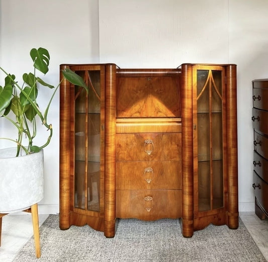 Art deco glass display walnut bureau – A rare vintage treasure