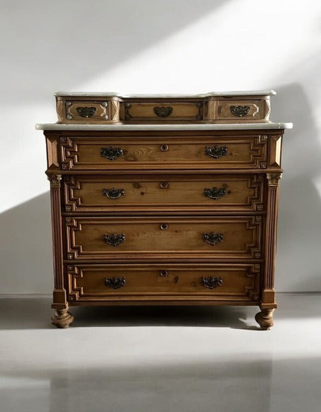 Antique solid pine french style marble top dresser washstand chest of drawers – A rare vintage treasure