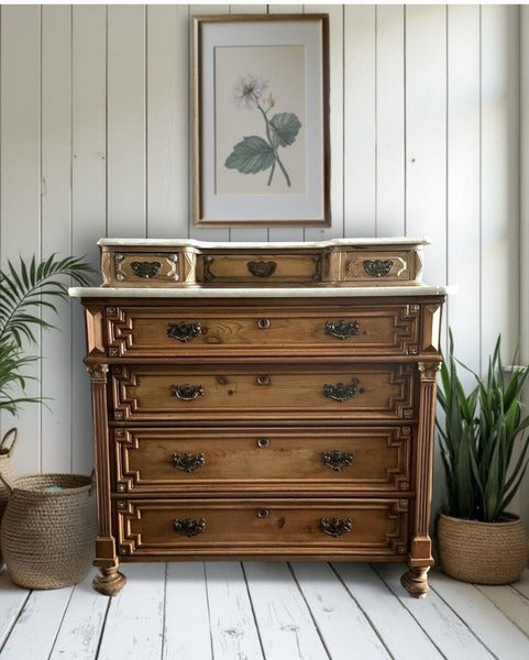 Antique solid pine french style marble top dresser washstand chest of drawers – A rare vintage treasure