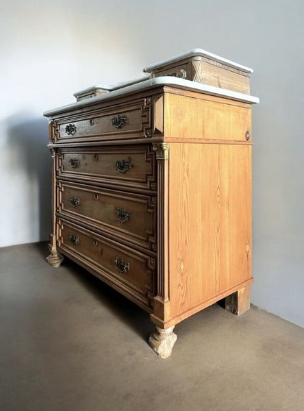 Antique solid pine french style marble top dresser washstand chest of drawers – A rare vintage treasure