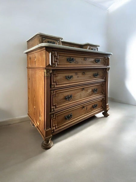 Antique solid pine french style marble top dresser washstand chest of drawers – A rare vintage treasure