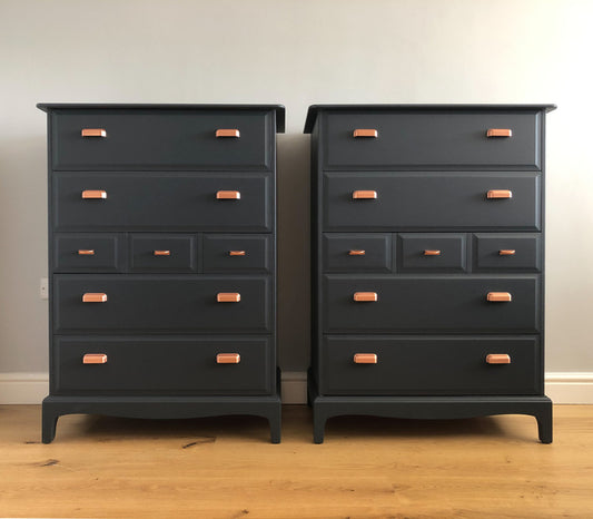A pair of stag minstrel tallboy chest of drawers painted blue with copper handles – A rare vintage treasure