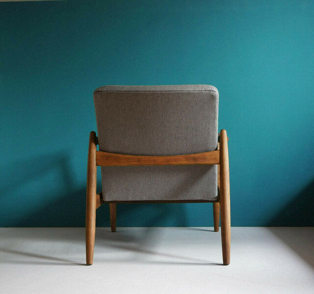 The pari of  vintage armchair form mid century designed by edmund homa and footstool, gray upholstery, restored – A rare vintage treasure