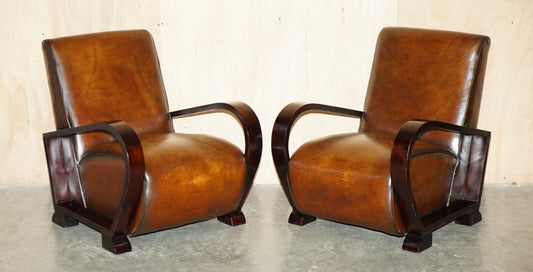 Fine & unique pair of art deco fully restored cigar brown leather club armchairs – A rare vintage treasure