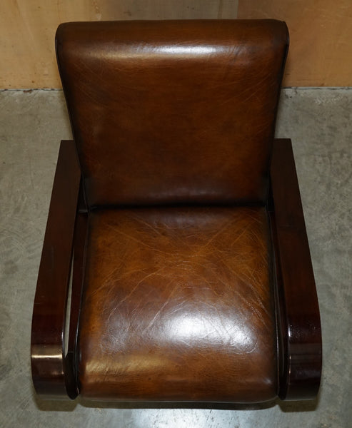 Fine & unique pair of art deco fully restored cigar brown leather club armchairs – A rare vintage treasure